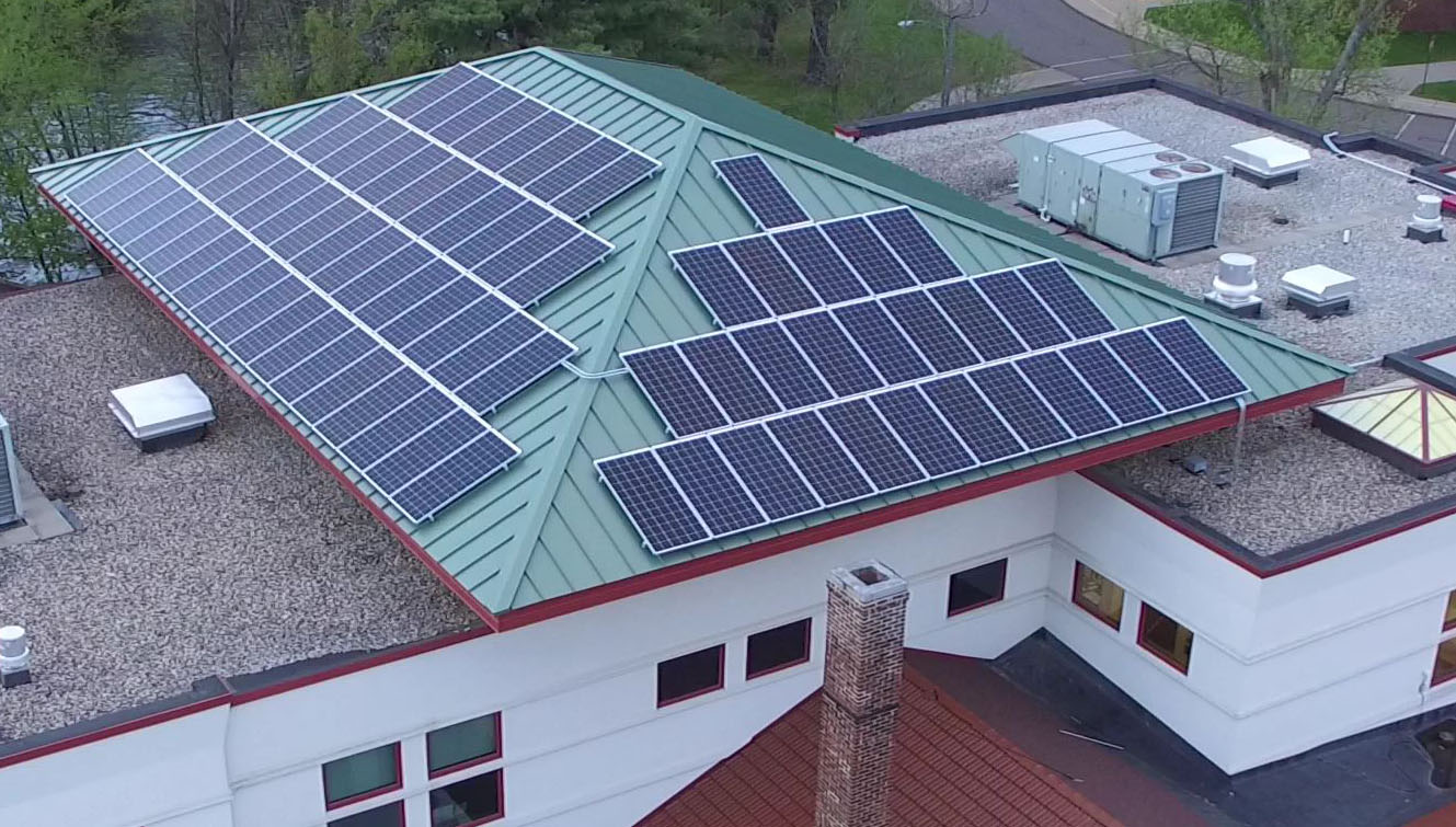 Aerial view of library roof solar panels