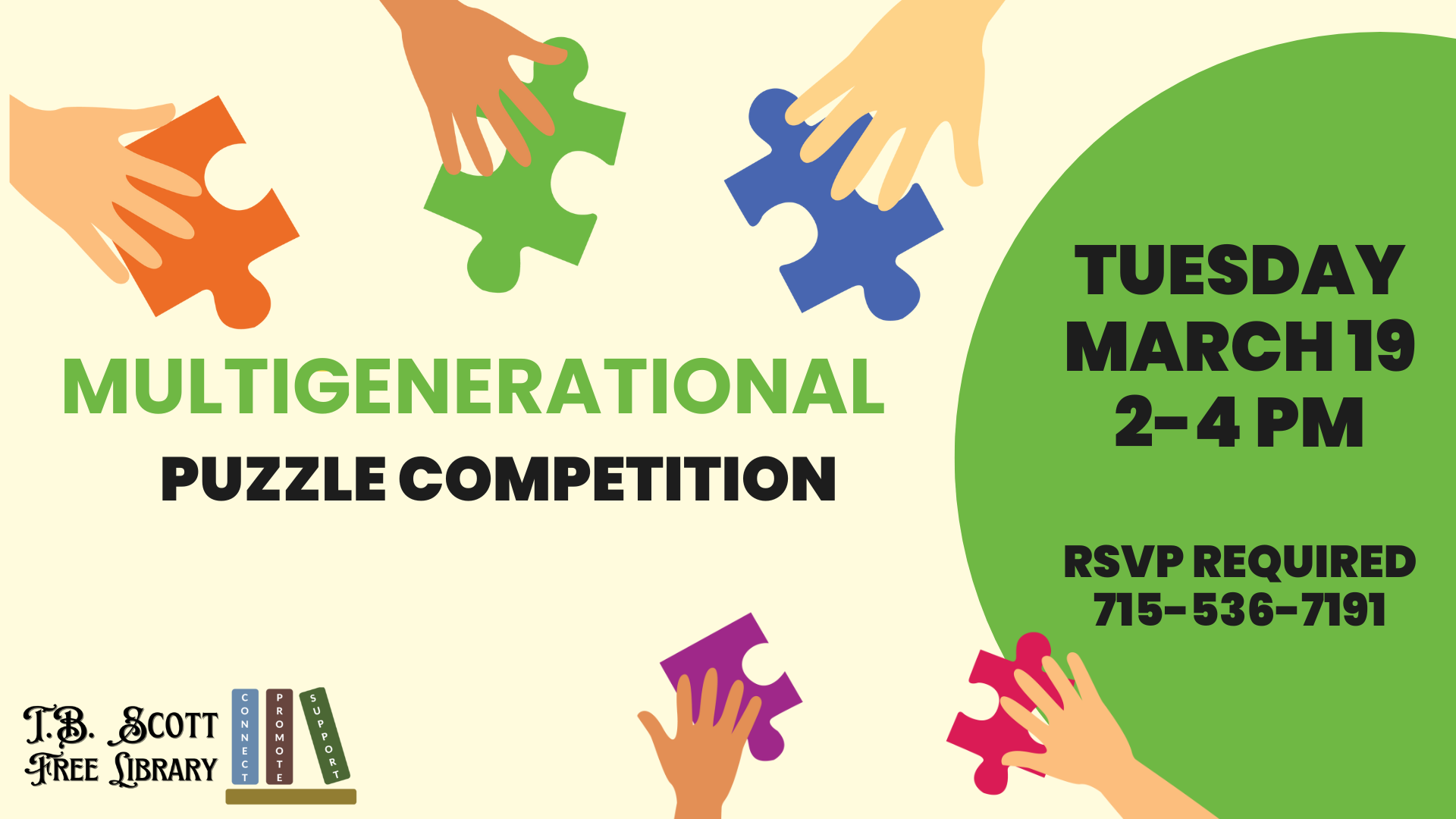 Puzzle competition on March 19: participants solving puzzles at tables in a brightly lit room. Call 715-536-7191 to register.