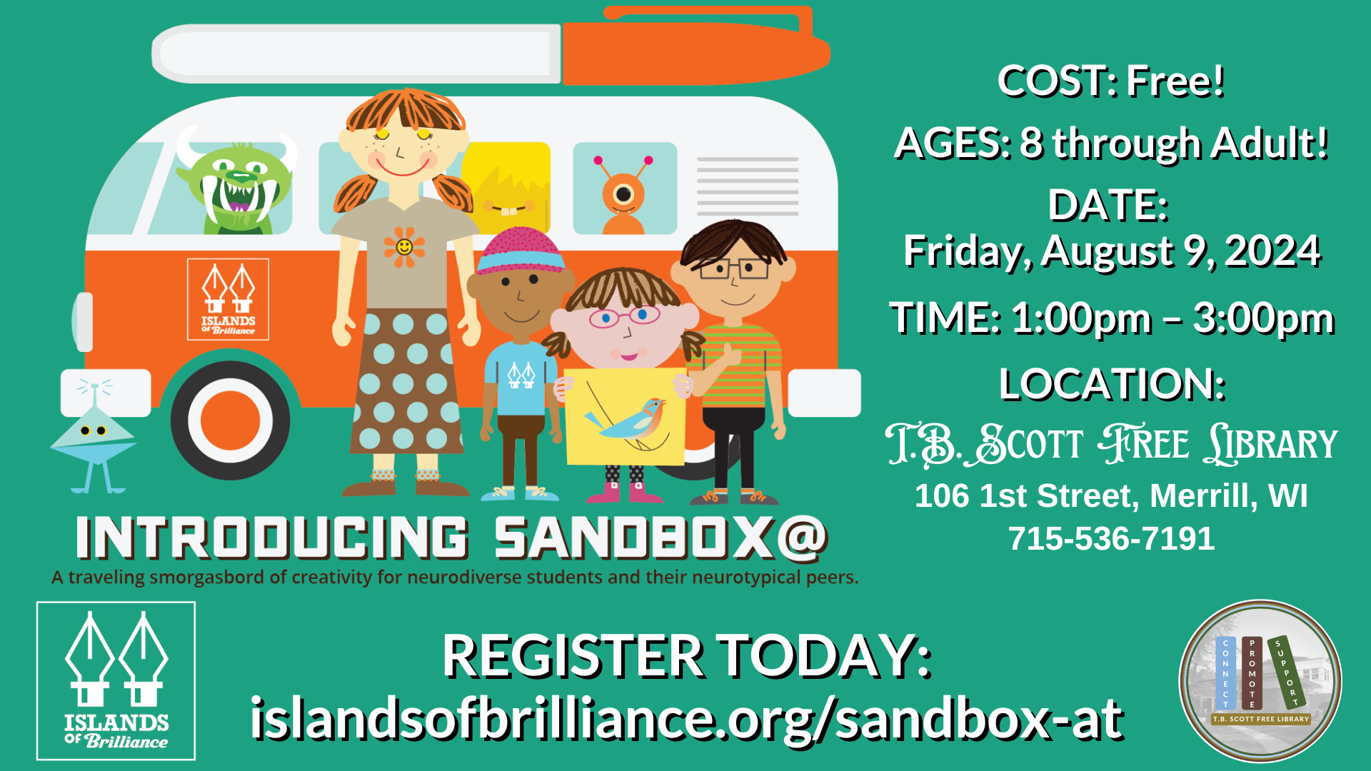 An ad for the sandbox: a fun and inclusive space for neurodiverse students and their neurotypical friends to explore creativity.