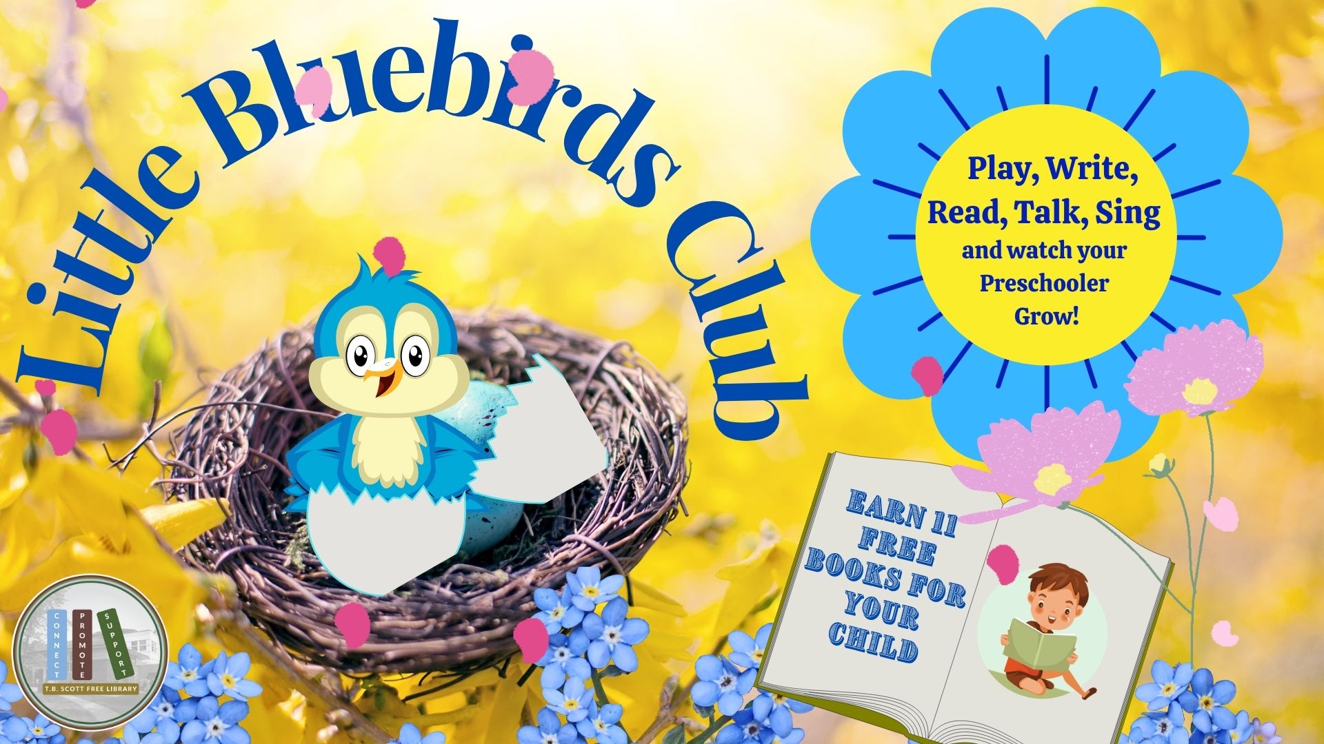 Cartoon bluebird in a nest on a yellow background with text promoting the "Little Bluebirds Club."