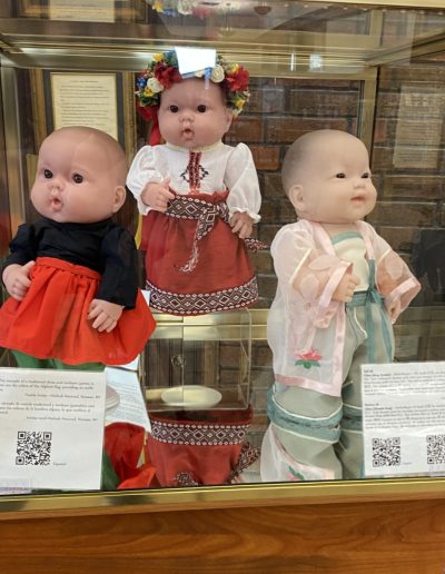 Display case showing dolls wearing different traditional clothing