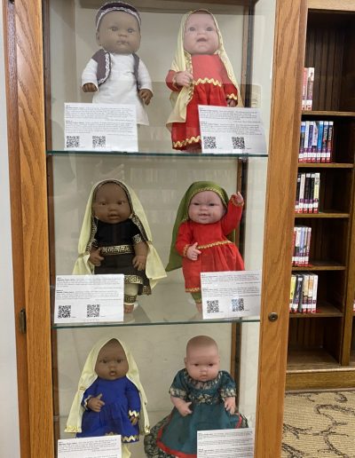 Display case showing dolls wearing different traditional clothing