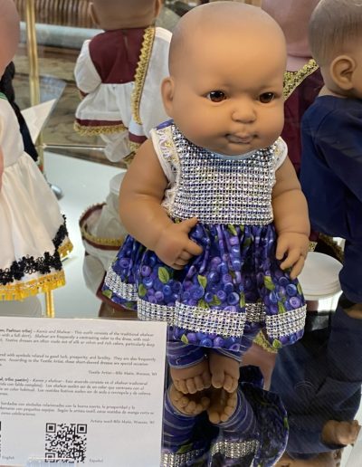 Display case showing a doll wearing traditional clothing