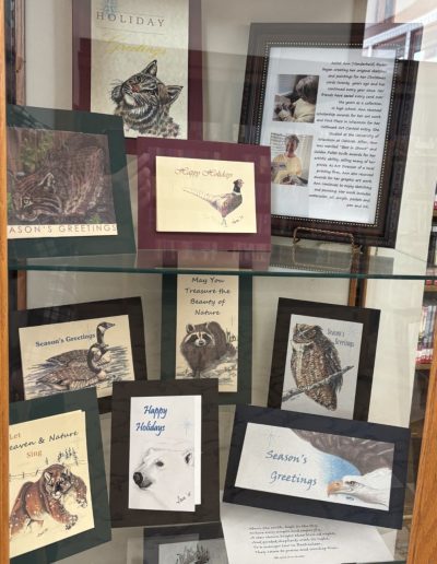 A display case containing an assortment of holiday cards adorned with pictures of animals, celebrating the festive season.