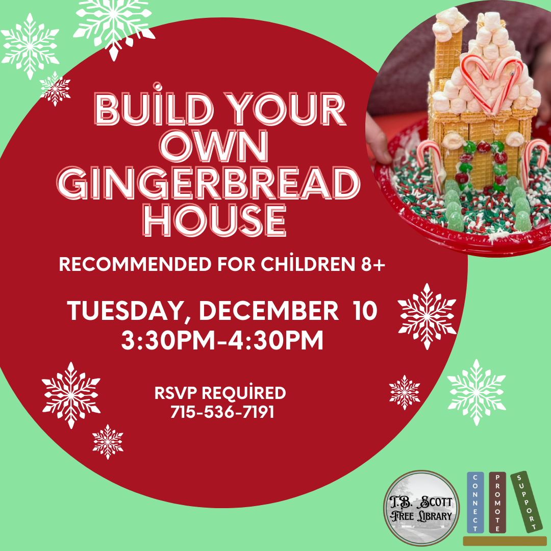 Build your own gingerbread house on Tuesday, December 10. Starts at 3:30pm. Registration is required.