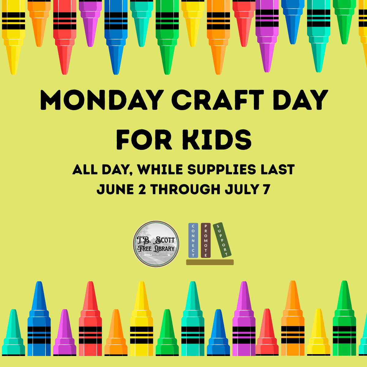 Event flyer for a children's craft day with colorful crayons and details about the activity.