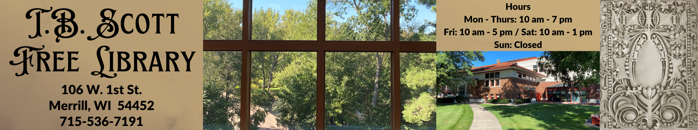TB Scott Free Library Spring Header showing views of the front of the library as well as the view from the large windows on the 3rd floor.
