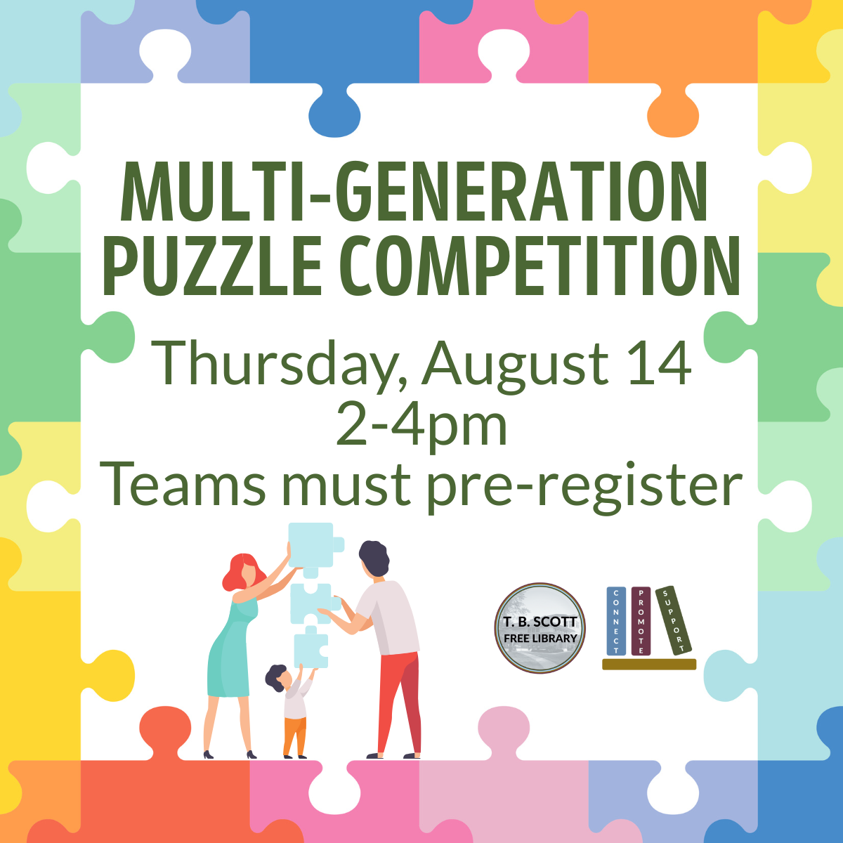 Colorful puzzle-themed flyer for a multi-generation puzzle competition