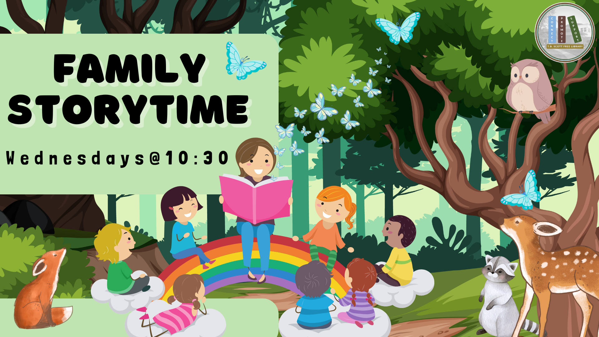 Children and animals gather around a woman reading on a rainbow in a forest, with text about a storytime event.
