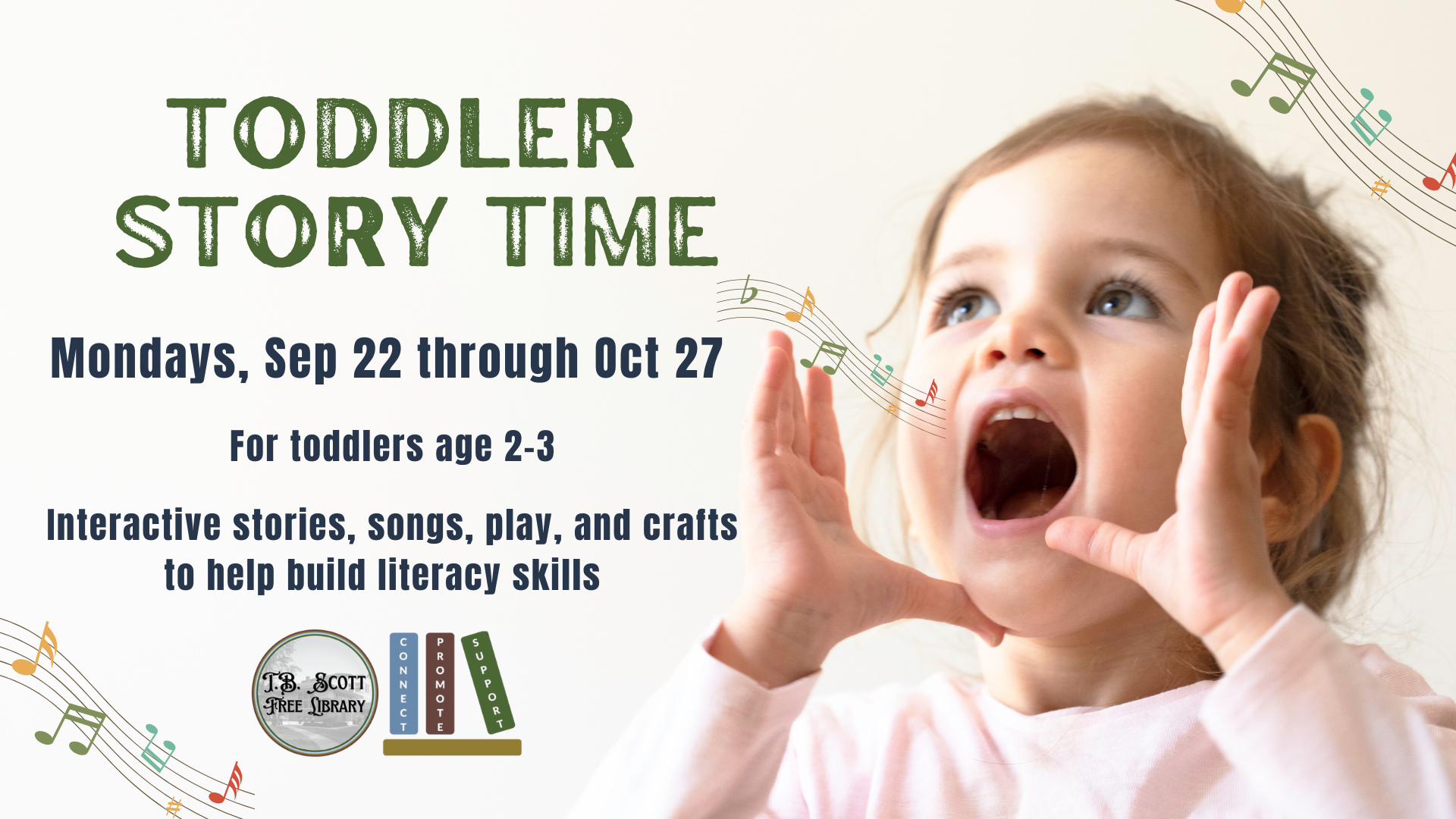 Toddler Story Time advertisement with text details and a toddler singing, with musical notes illustrated.