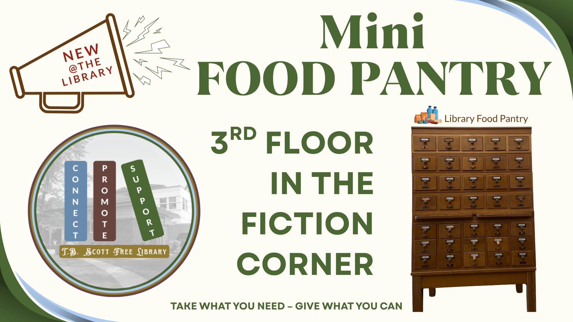 Library's Mini Food Pantry announcement featuring a card catalog cabinet and library logo.