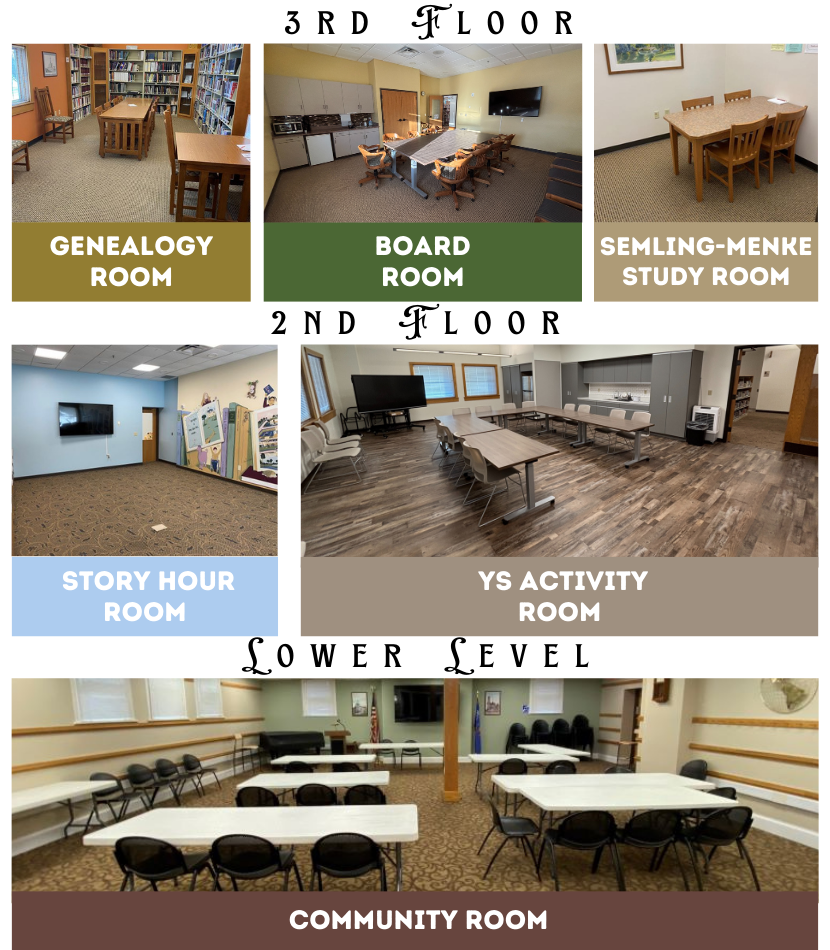 Collage of four rooms: Community Room, Story Hour Room, Genealogy Room, Board Room, and Semling-Menke Study Room.