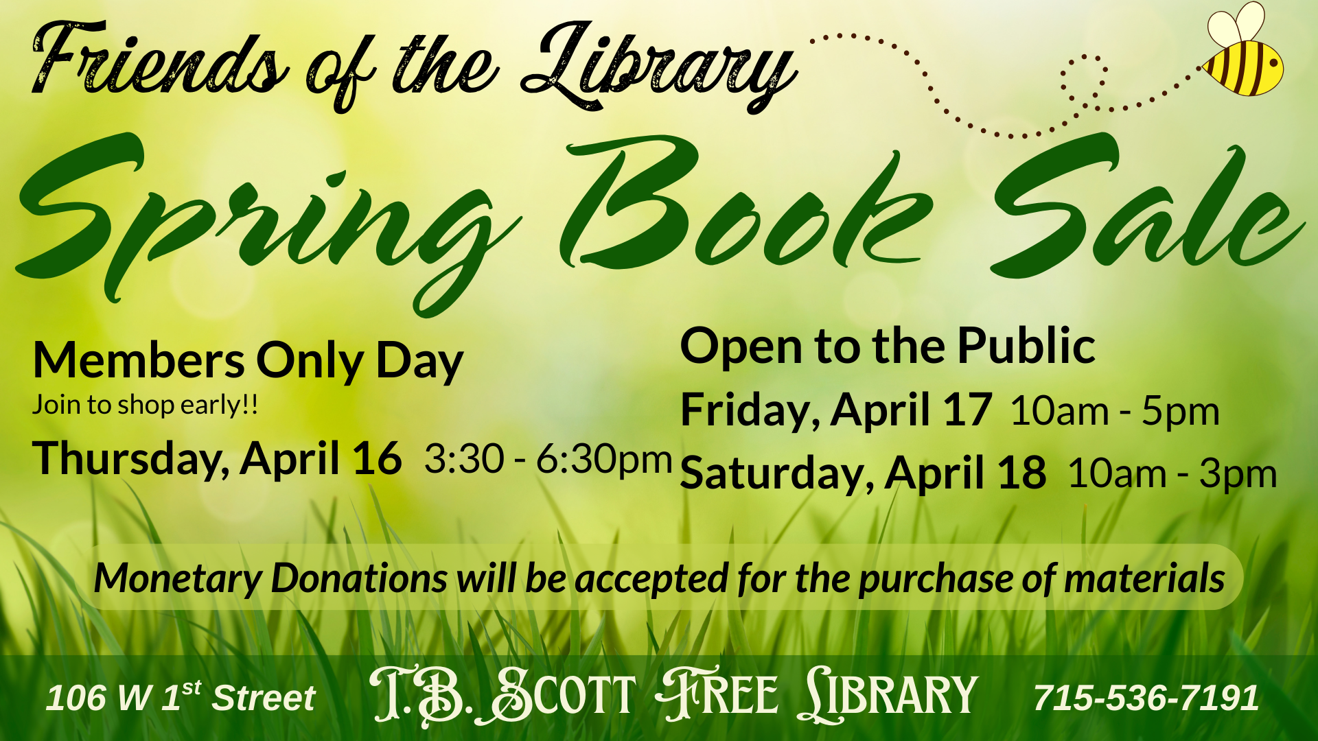 Advertisement for a Spring Book Sale at the T.B. Scott Free Library, April 16-18, with specific days for members and public.