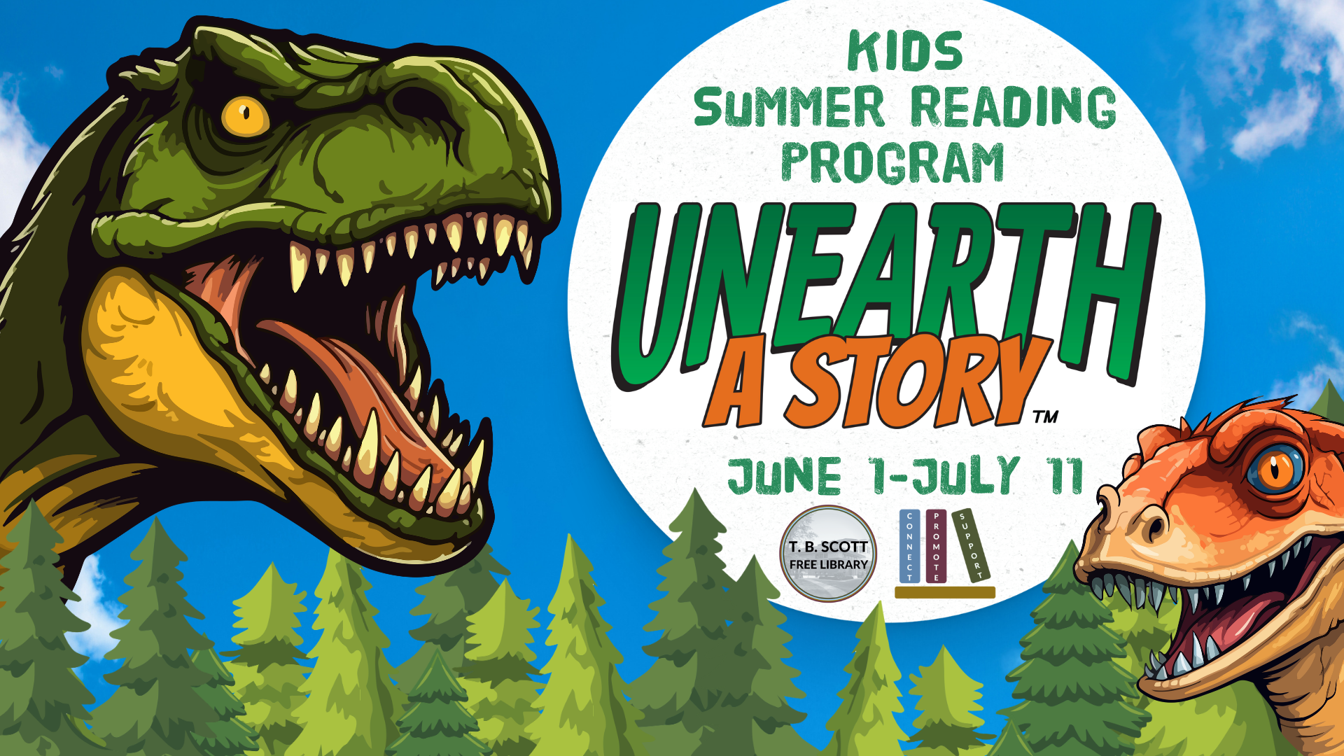 Illustration of two dinosaurs and text for a kids' summer reading program.