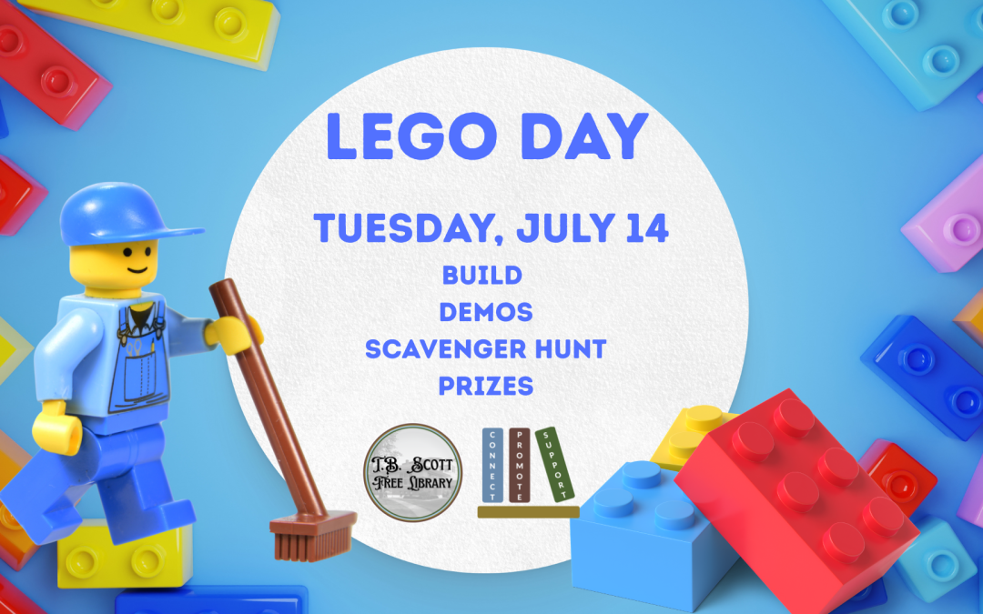 LEGO event announcement with details and colorful LEGO bricks scattered.